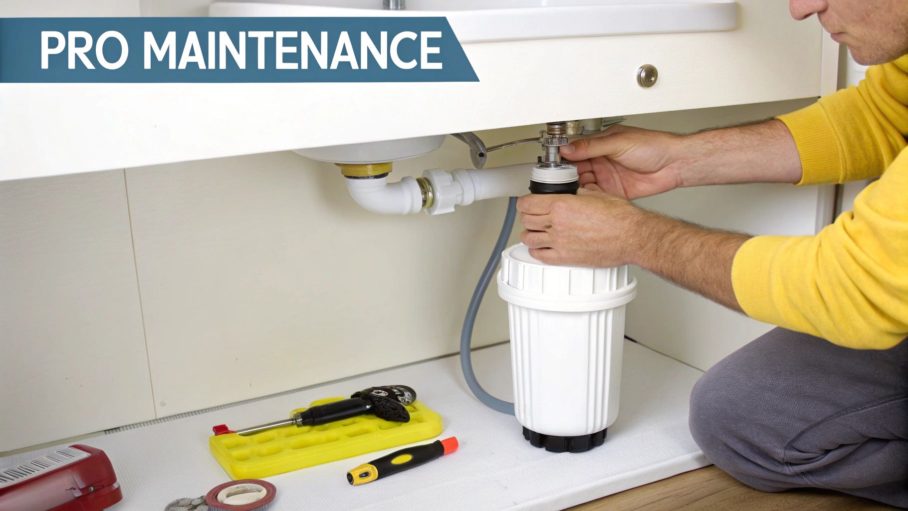 A professional technician from Aqua Best performing RO water purifier service in Dubai.