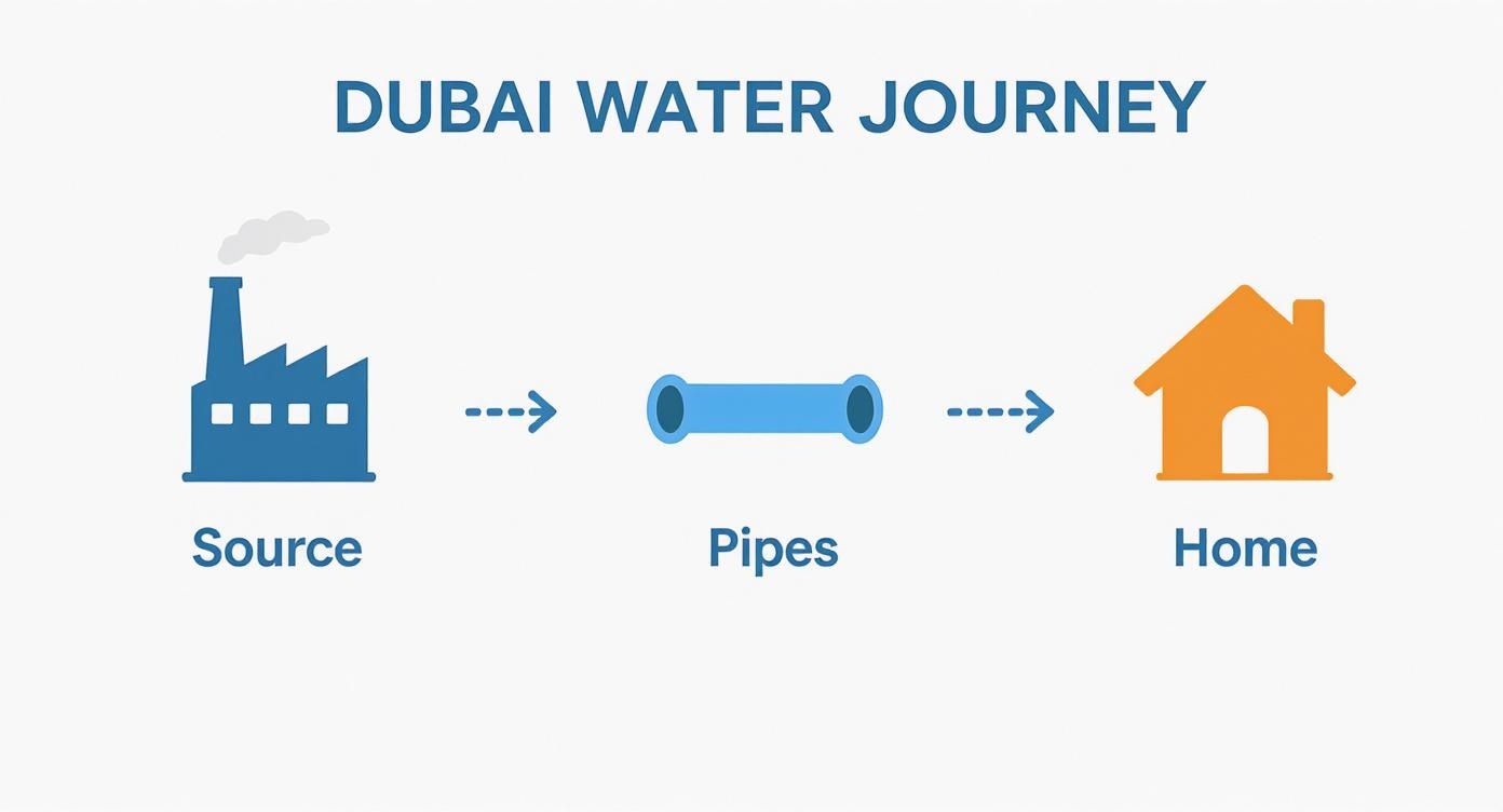 Infographic showing the journey of water from a desalination plant, through city pipes, to a home, with potential contamination points highlighted.