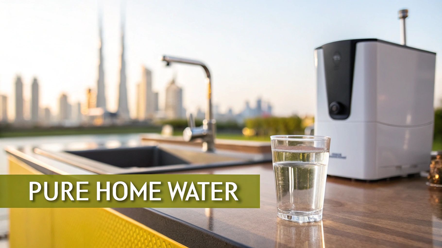 An RO water purifier being installed under a kitchen sink in a Dubai apartment.