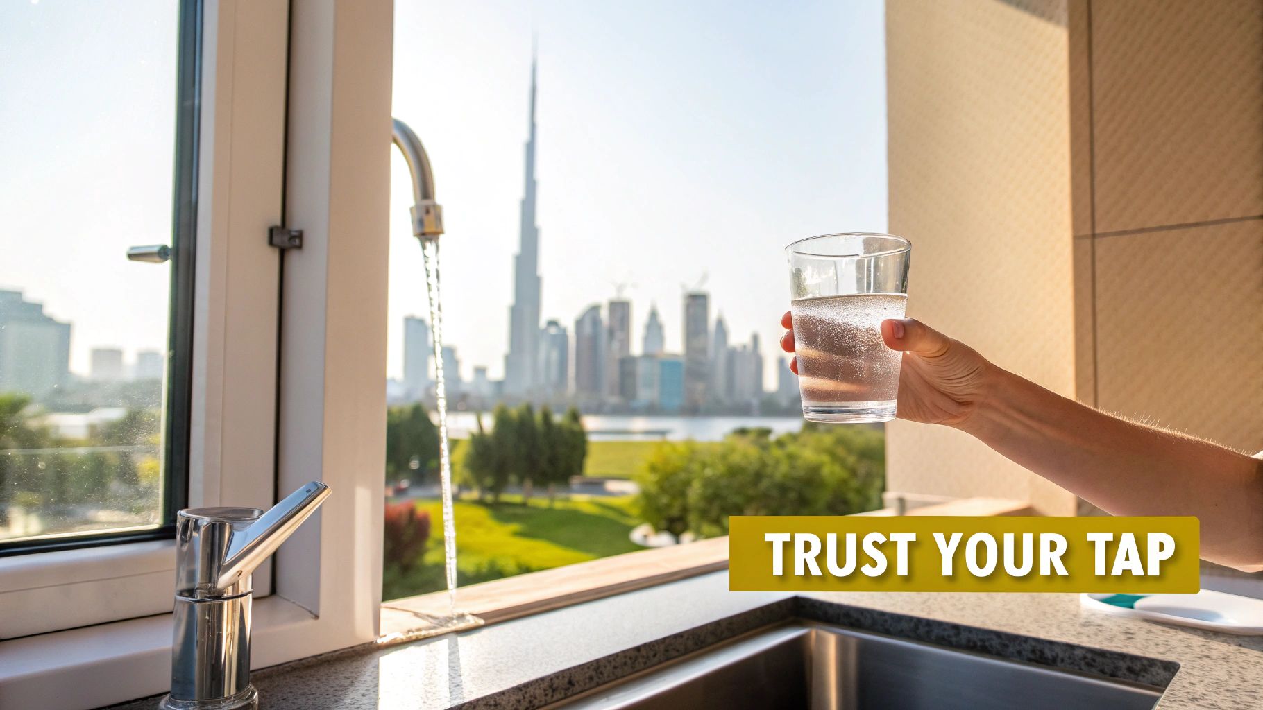 A family enjoying clean water from their kitchen tap in a modern Dubai home.