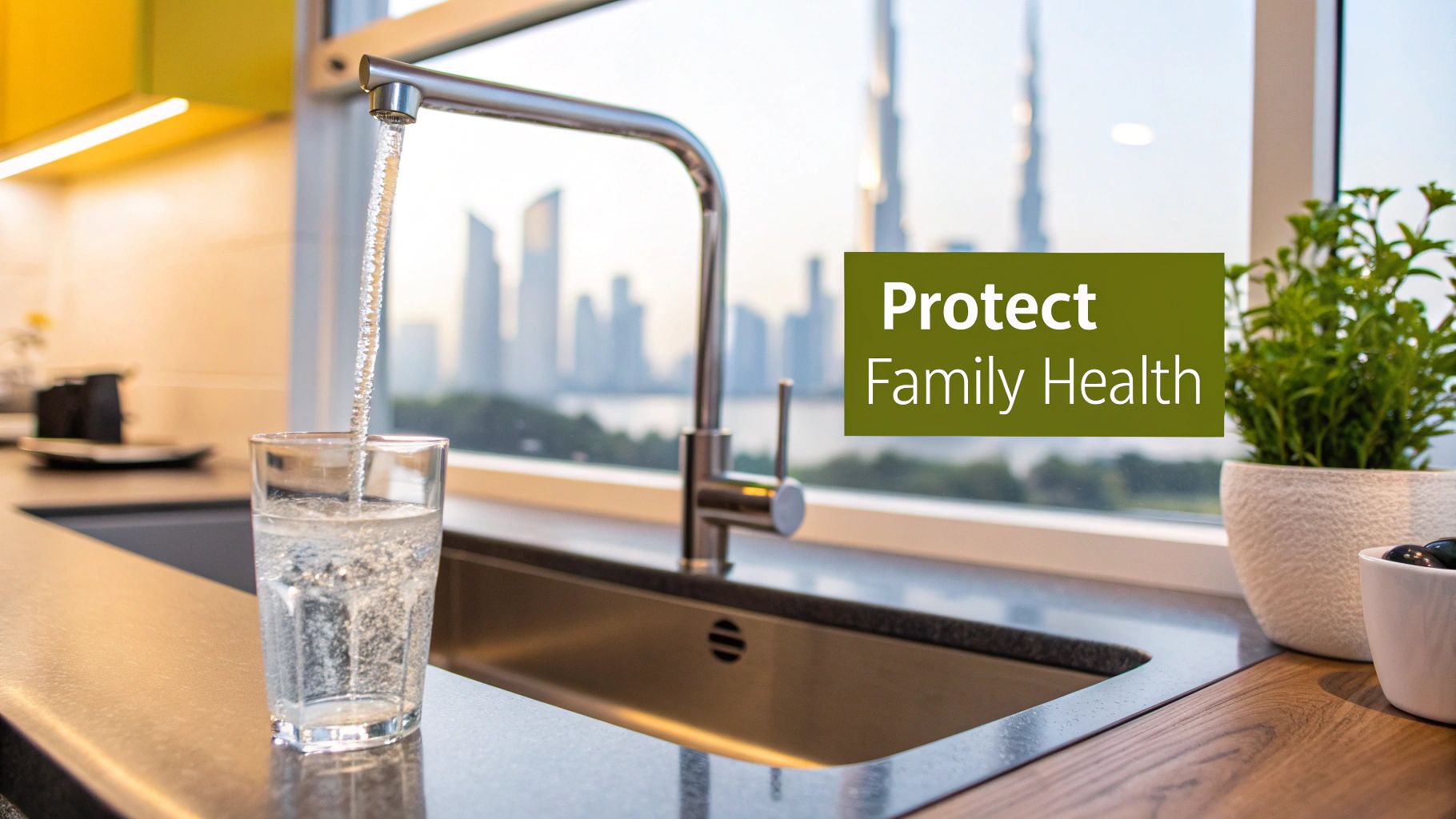 A glass fills with clean water from a kitchen tap, promoting family health against a city backdrop.