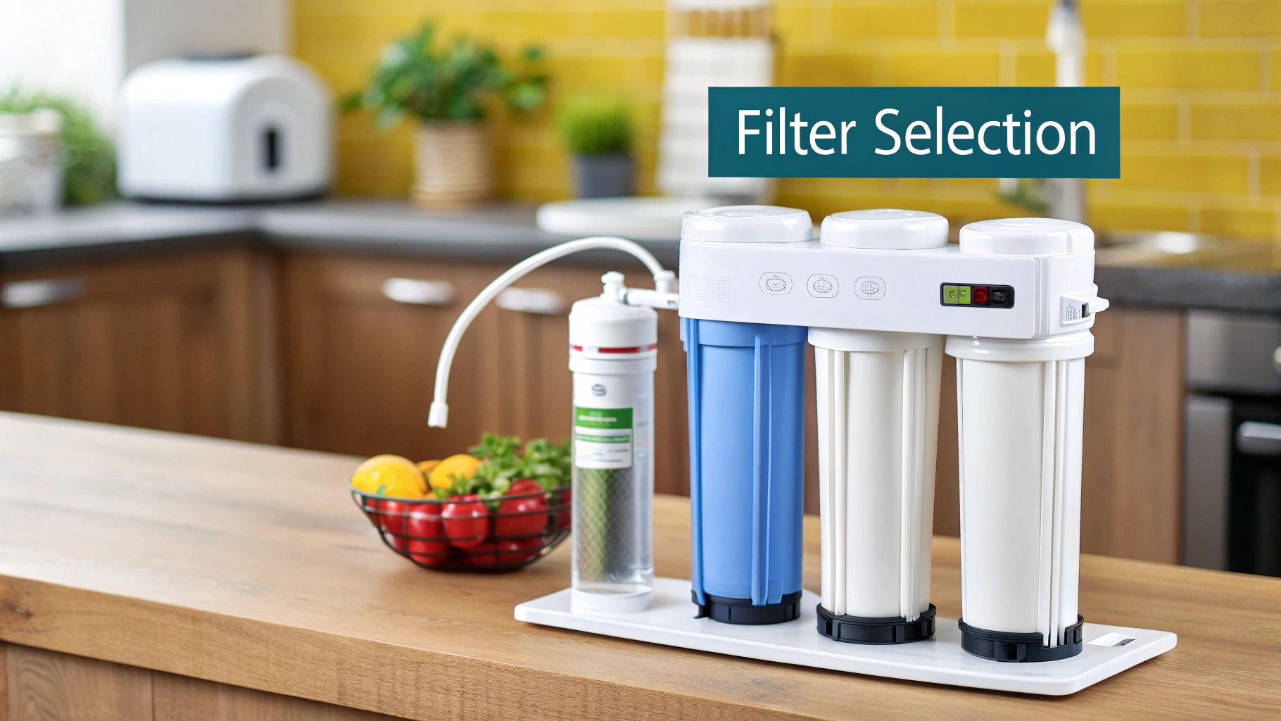 A display of various home water filter systems, including under-sink and whole-house units.