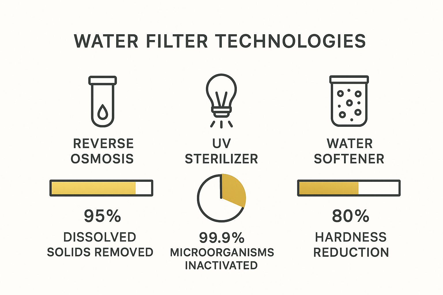 Infographic comparing water filter technologies: Reverse Osmosis (95% dissolved solids removed), UV Sterilizer (99.9% microorganisms inactivated), Water Softener (80% hardness reduction).
