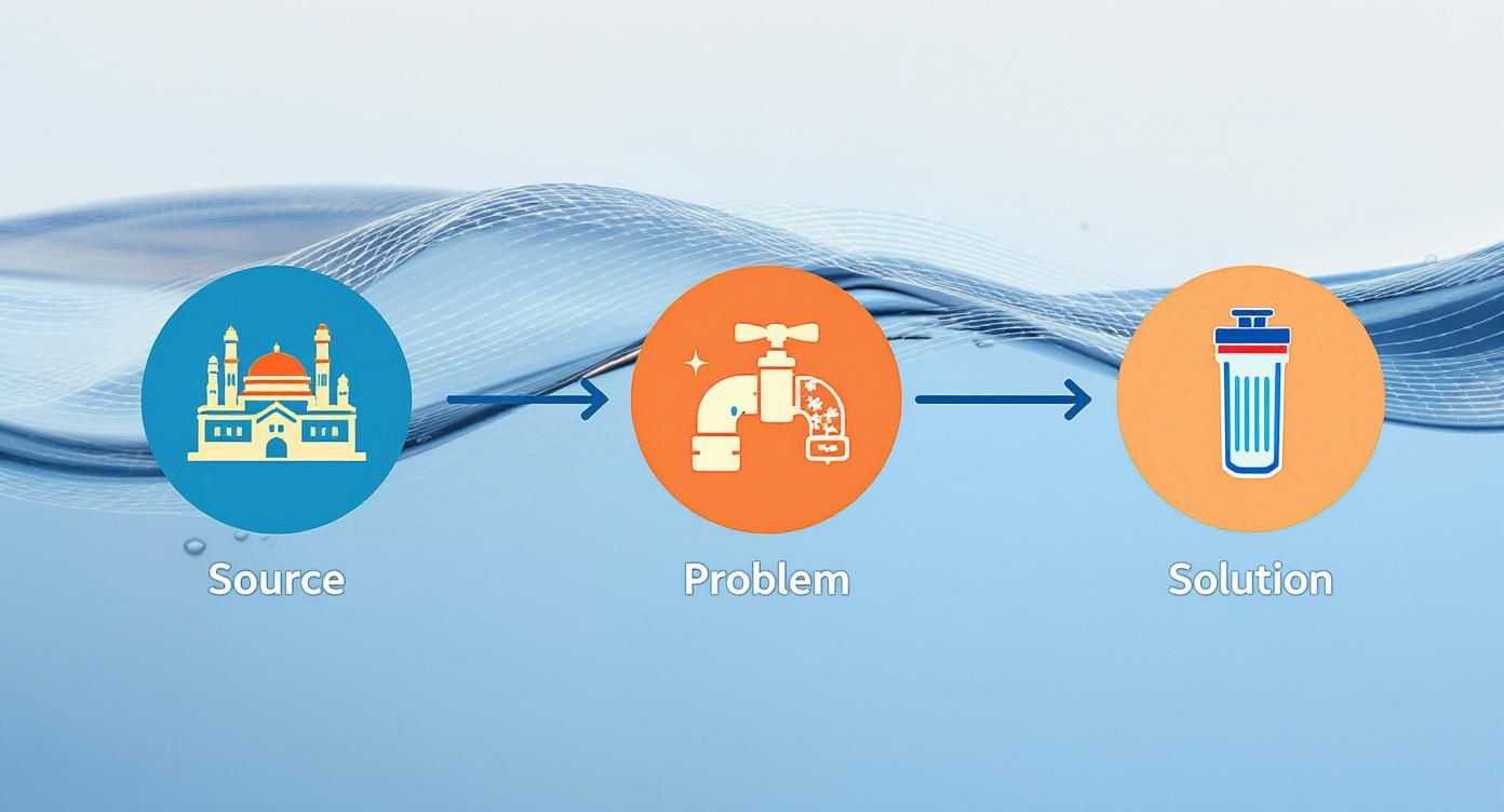 Water filtration process diagram showing source problem and solution with mosque icon and filter illustration