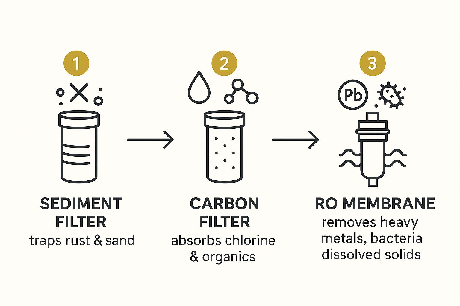 Infographic showing the three key stages of reverse osmosis filtration: Sediment Filter, Carbon Filter, and RO Membrane.