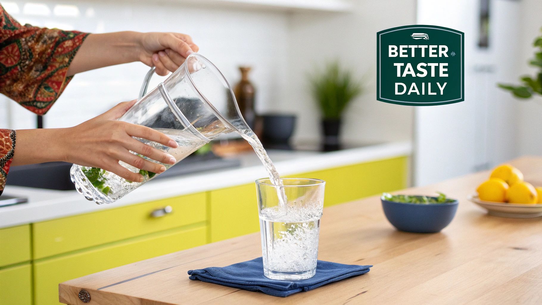 A family in their modern Dubai home kitchen, pouring glasses of water from a tap with an under-sink purifier.