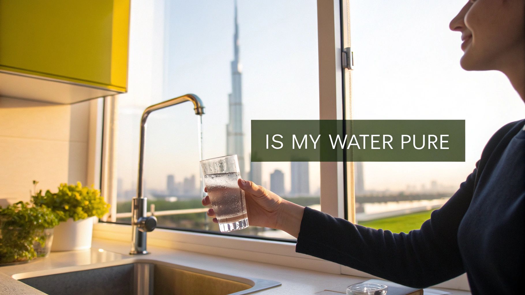 A happy family enjoying clean, filtered water in their Dubai kitchen.