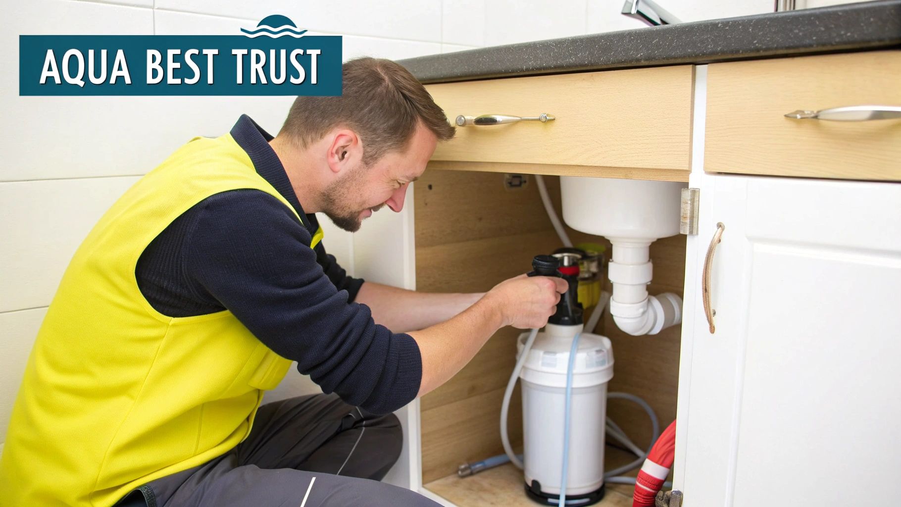 A professional Aqua Best technician installing an under-sink RO system in a modern Dubai kitchen.