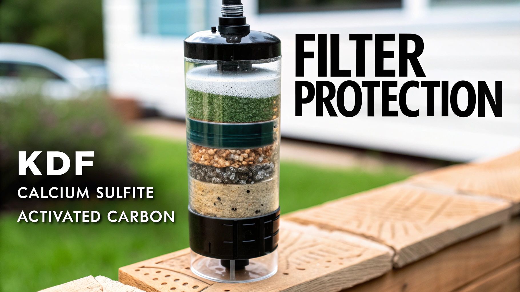 A shower filter attached to a modern shower head, with clean water spraying out.