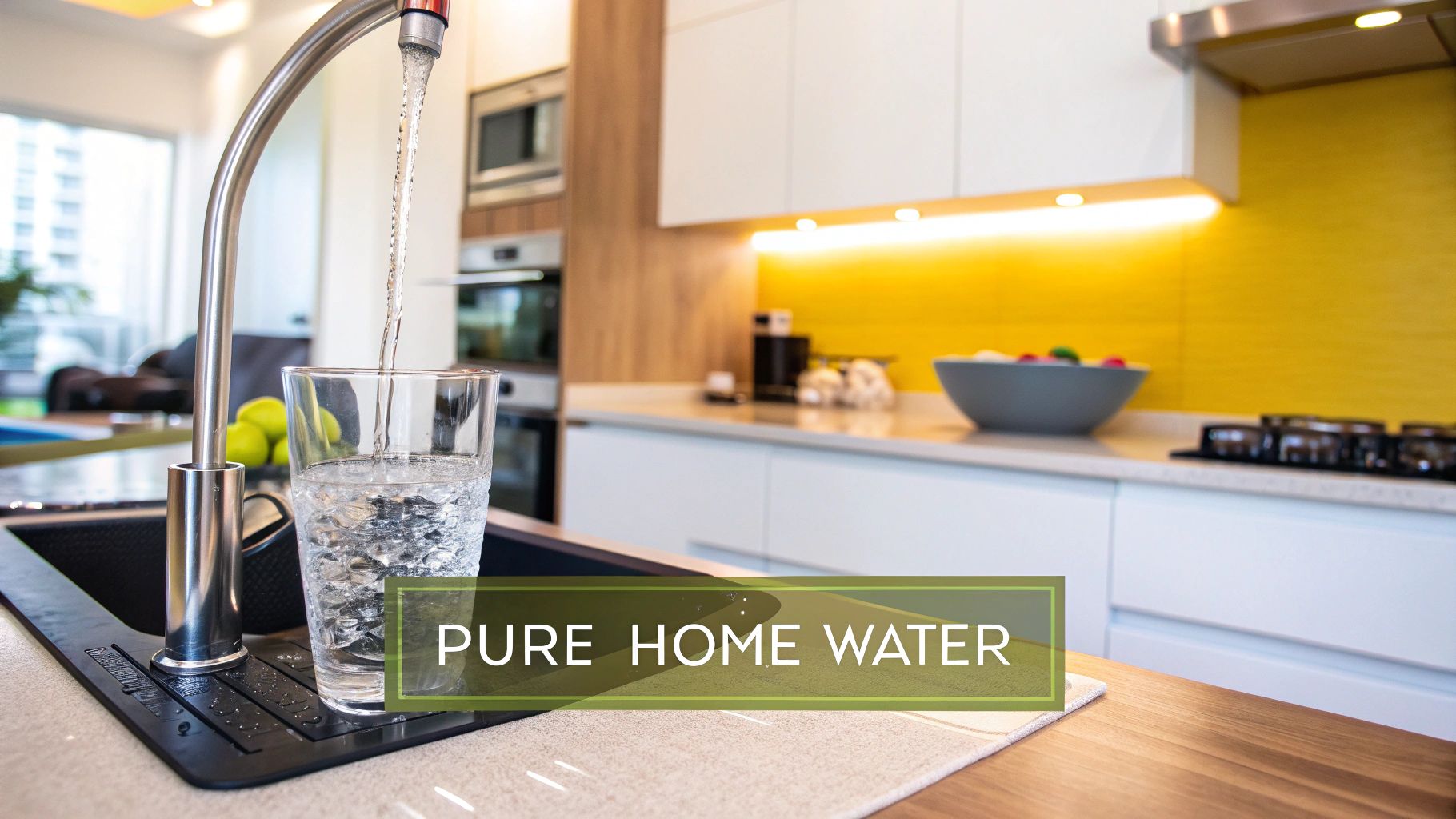A family enjoying clean drinking water in a modern Dubai kitchen.