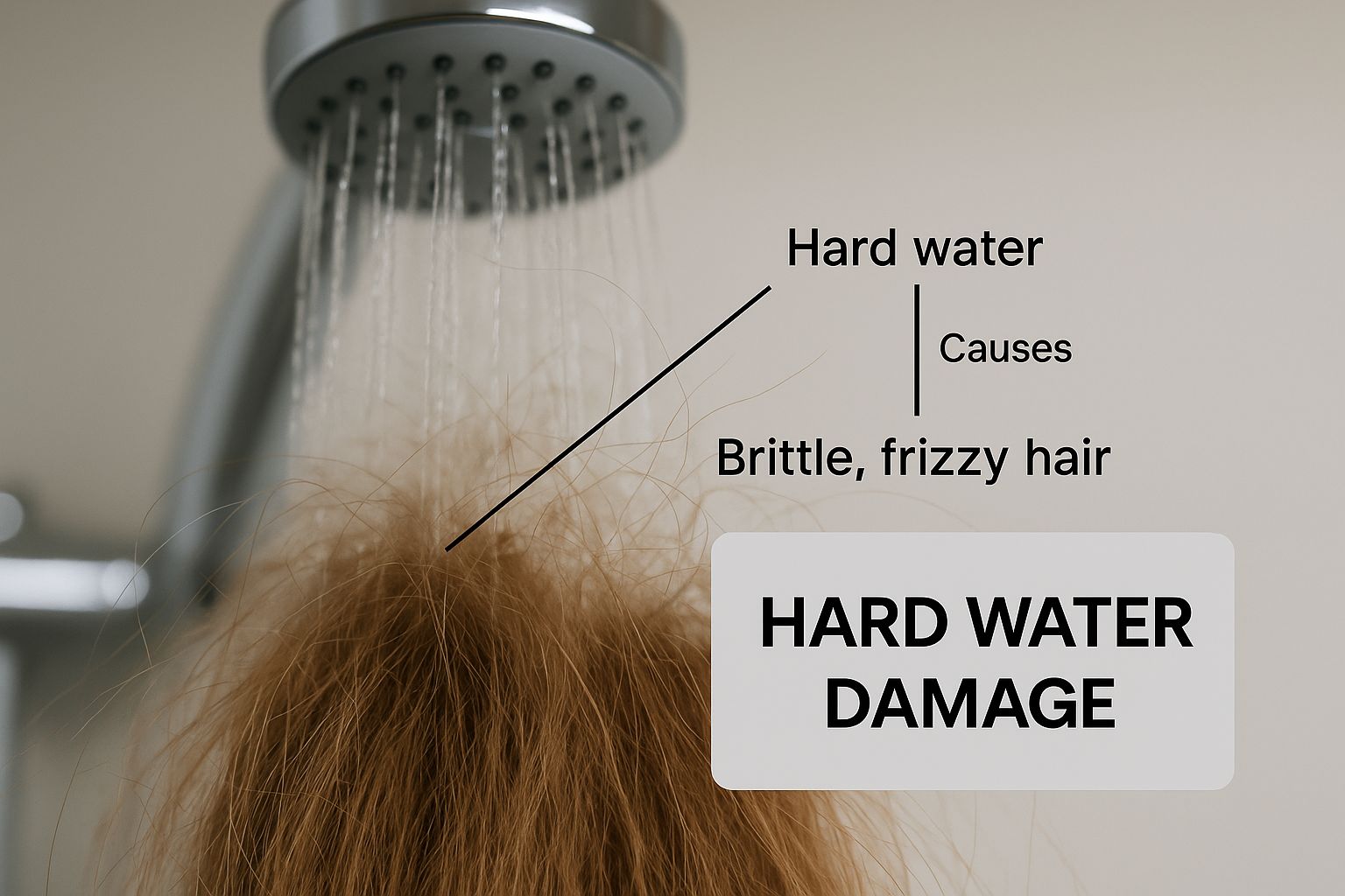 Infographic showing brittle, frizzy hair with the text 'Hard Water Damage' in the corner.