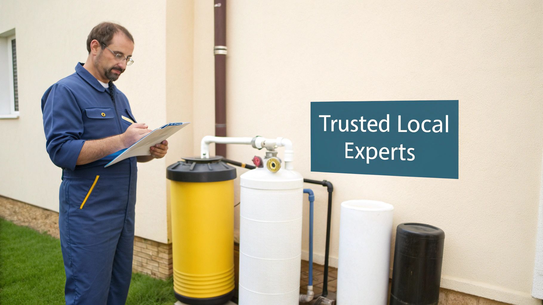 An Aqua Best technician professionally completing a water filter installation in a Dubai home.