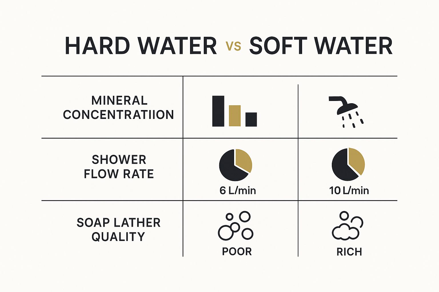 Infographic comparing the effects of hard and soft water on mineral concentration, shower flow rate, and soap lather quality.