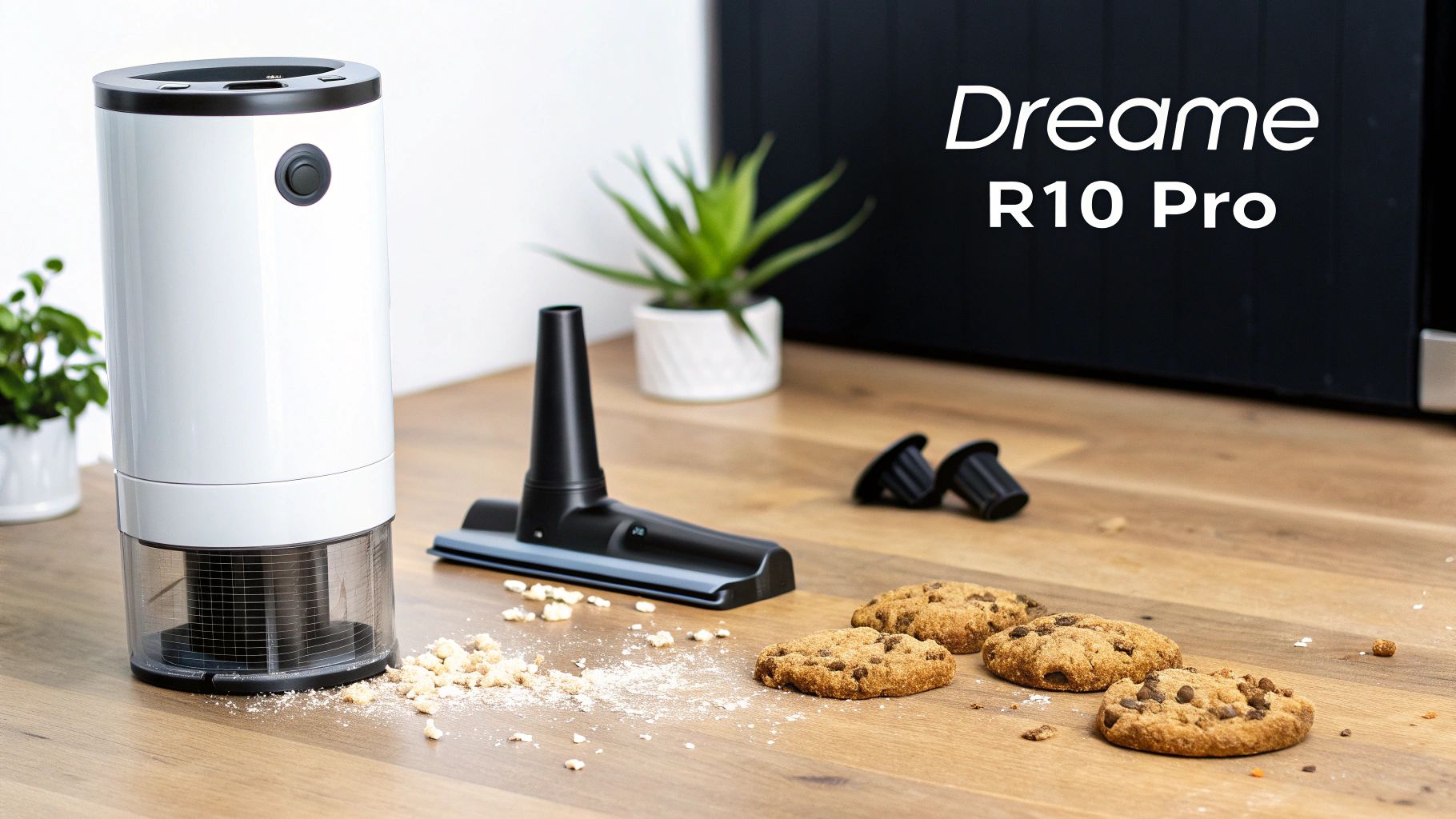 Dreame R10 Pro trådløs støvsuger med tilbehør og smuler på et tregulv.