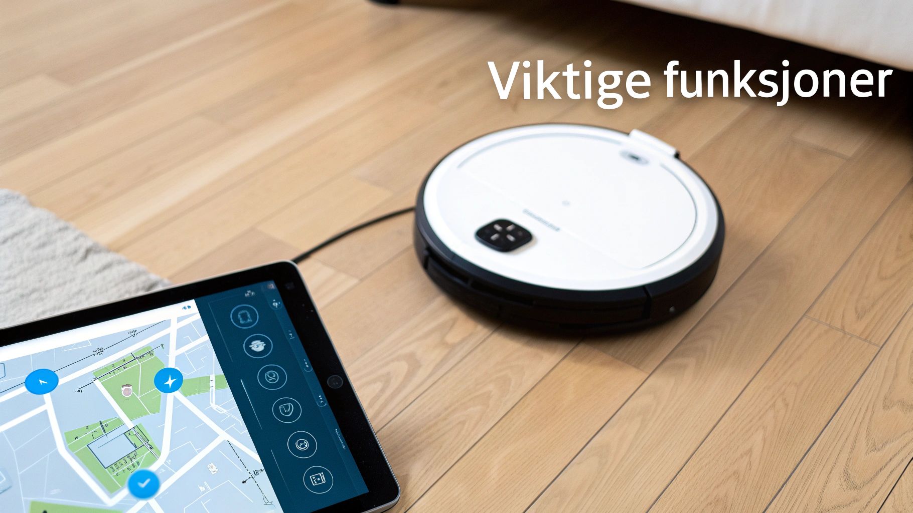 Robotstøvsuger på tregulv med nettbrett som viser kart og styringsfunksjoner. Viktige funksjoner.