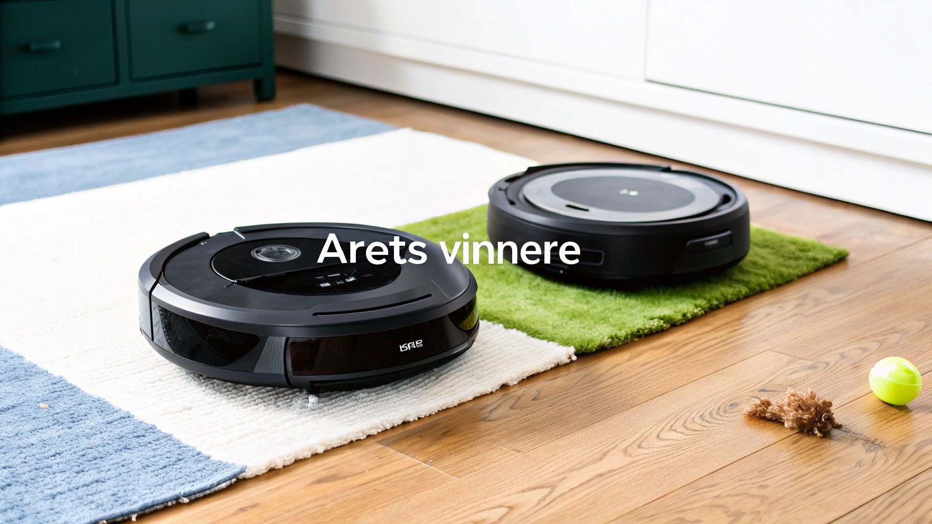 To svarte robotstøvsugere på tepper og tregulv med teksten 'Årets vinnere'.