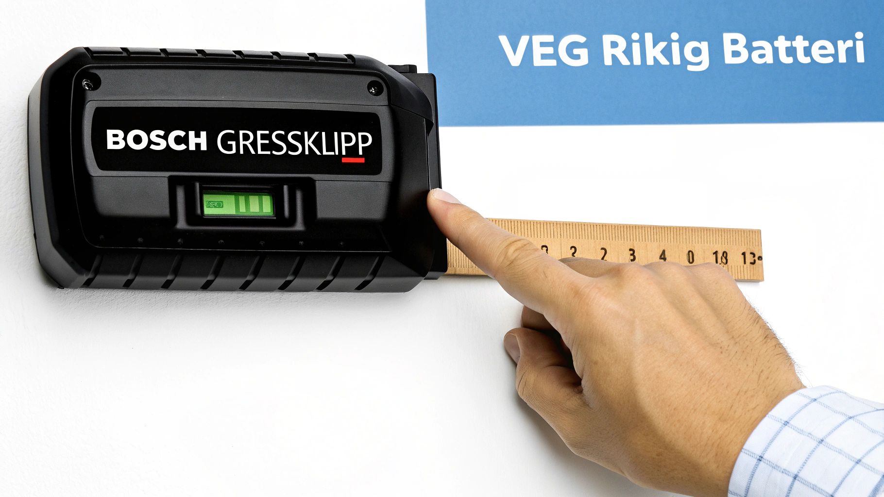 Nærbilde av et Bosch Gressklipp batteri som måles med en treruler, viser grønn batteriindikator.