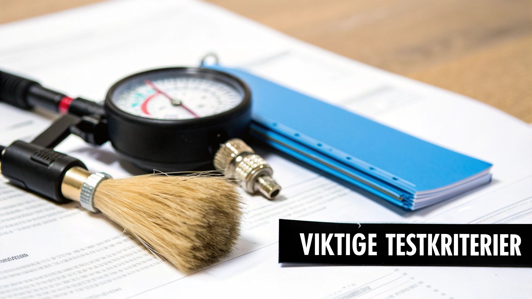 Nærbilde av testutstyr som trykkmåler, børste og dokumenter med teksten 'Viktige testkriterier'.