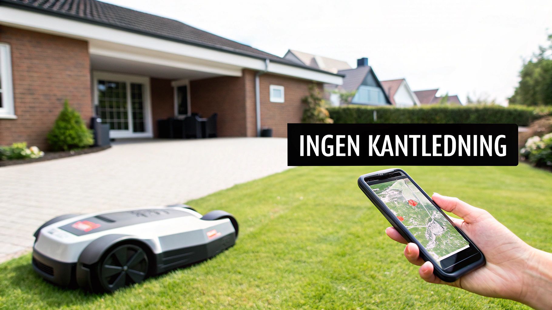 Robotgressklipper på grønn plen, styrt med smarttelefon som viser hagekart. Teksten "Ingen kantledning" vises tydelig.