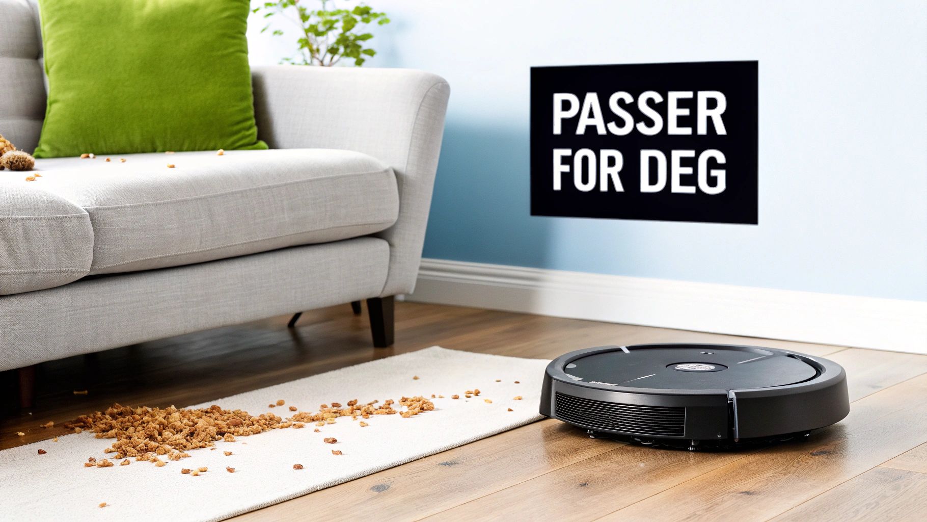 En sort robotstøvsuger står på et tregulv ved siden av et teppe med sølte smuler foran en sofa.