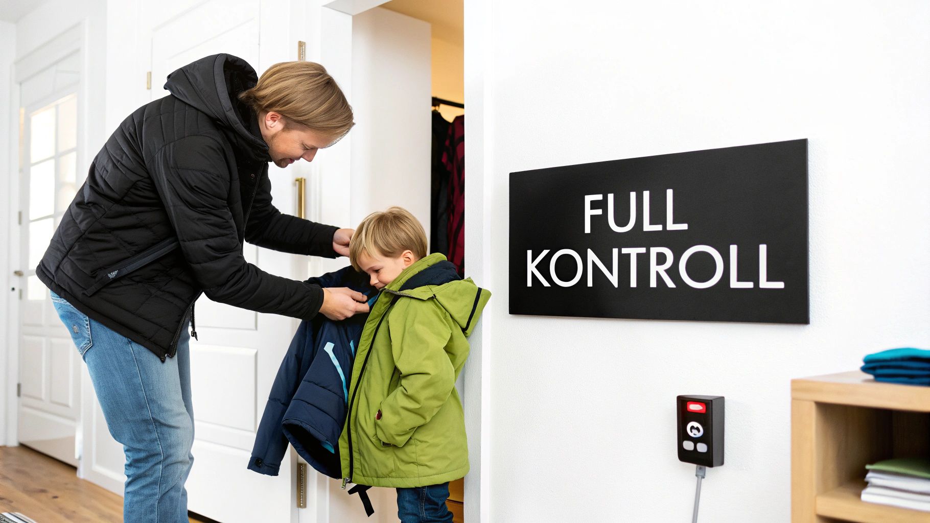 En kvinne hjelper et barn med å ta på en jakke innendørs, med et 'FULL KONTROLL' skilt på veggen.