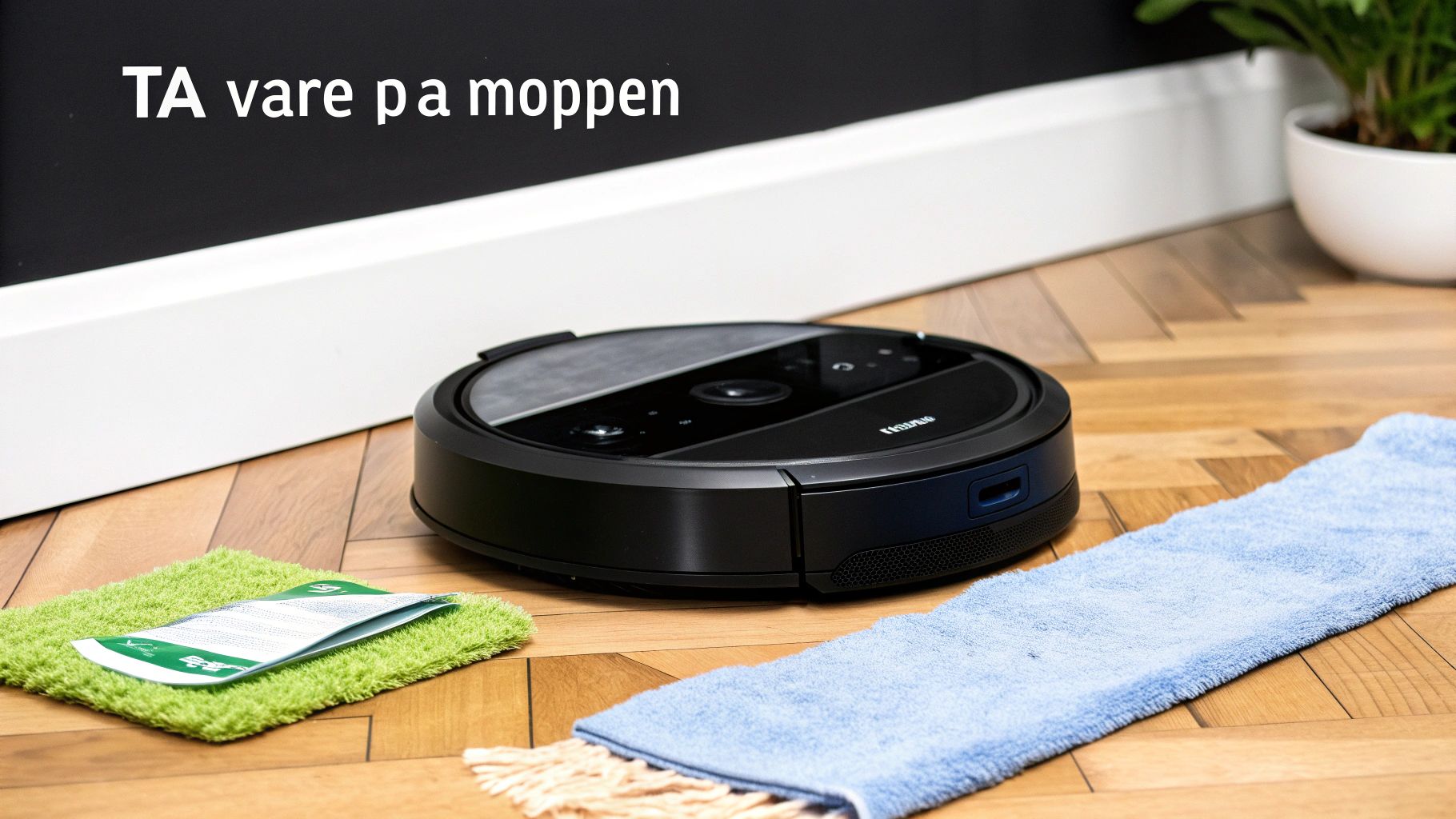 En svart robotstøvsuger på et tregulv med en grønn moppeklut og blå mikrofiberklut, og tekst: 'TA vare på moppen'.