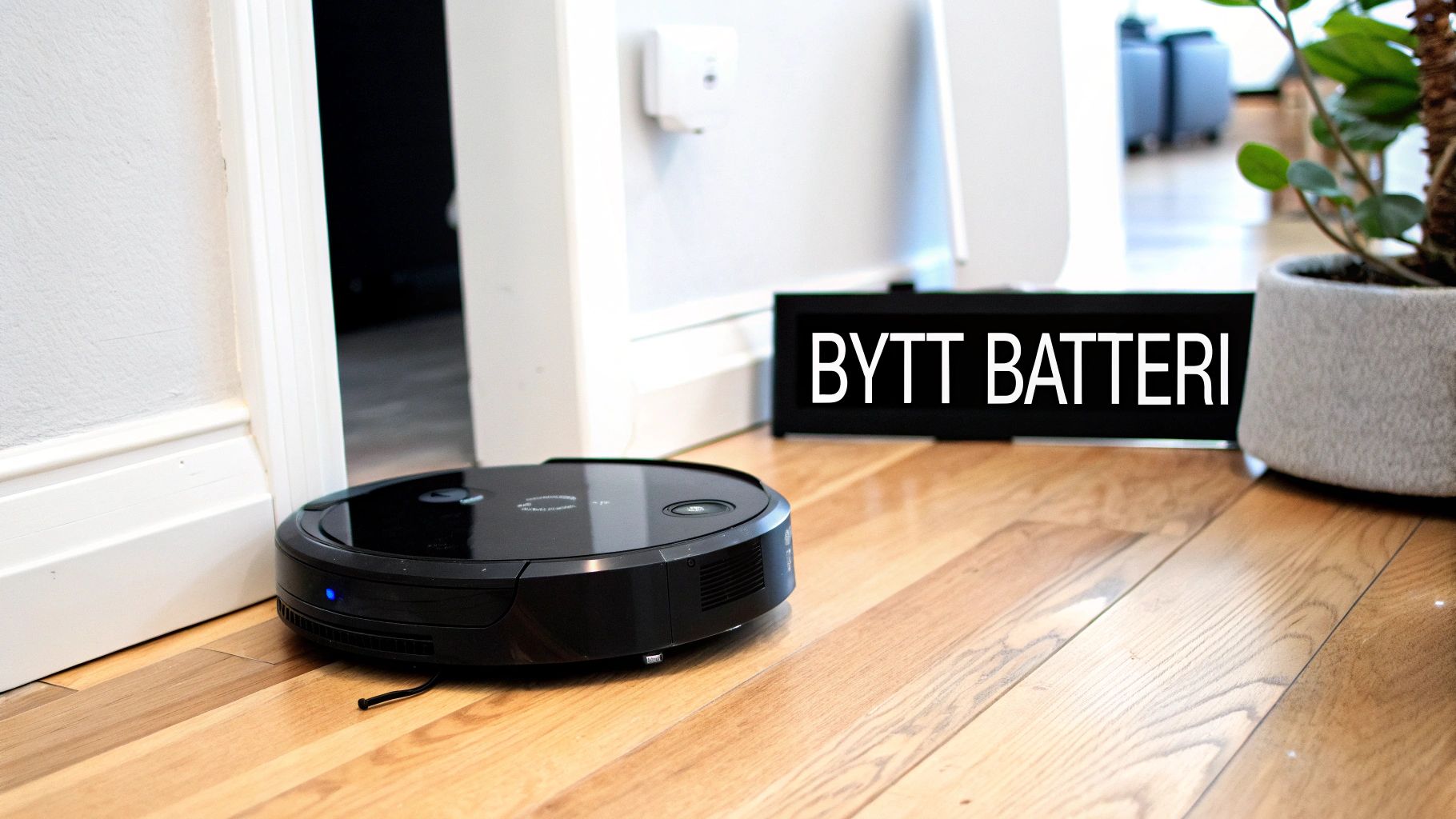 En svart robotstøvsuger står på et tregulv ved en døråpning. Et skilt med teksten «BYTT BATTERI» er synlig i bakgrunnen.