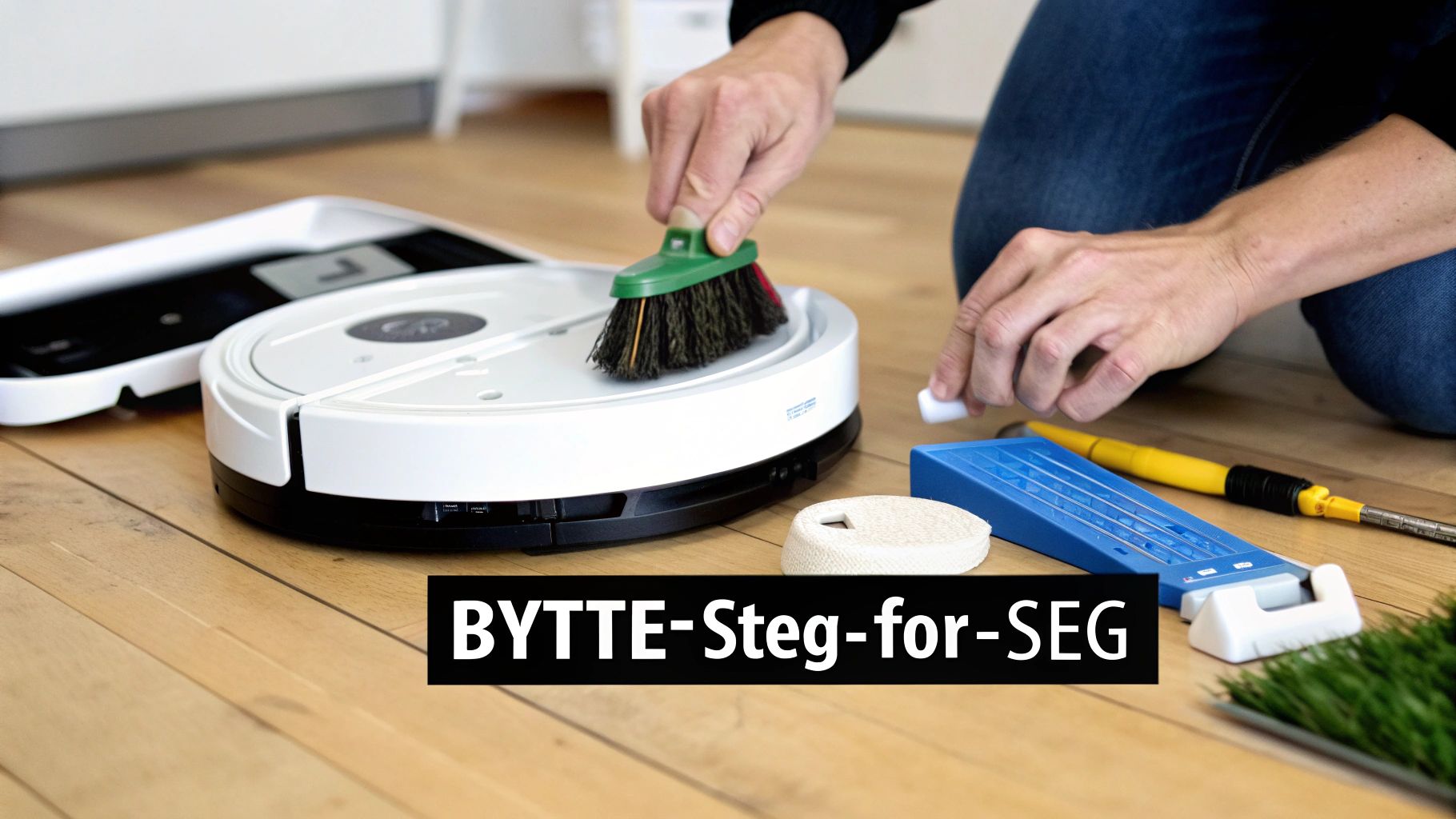 En person rengjør en hvit robotstøvsuger med en liten børste på et tregulv. Vedlikehold av Roborock S7.