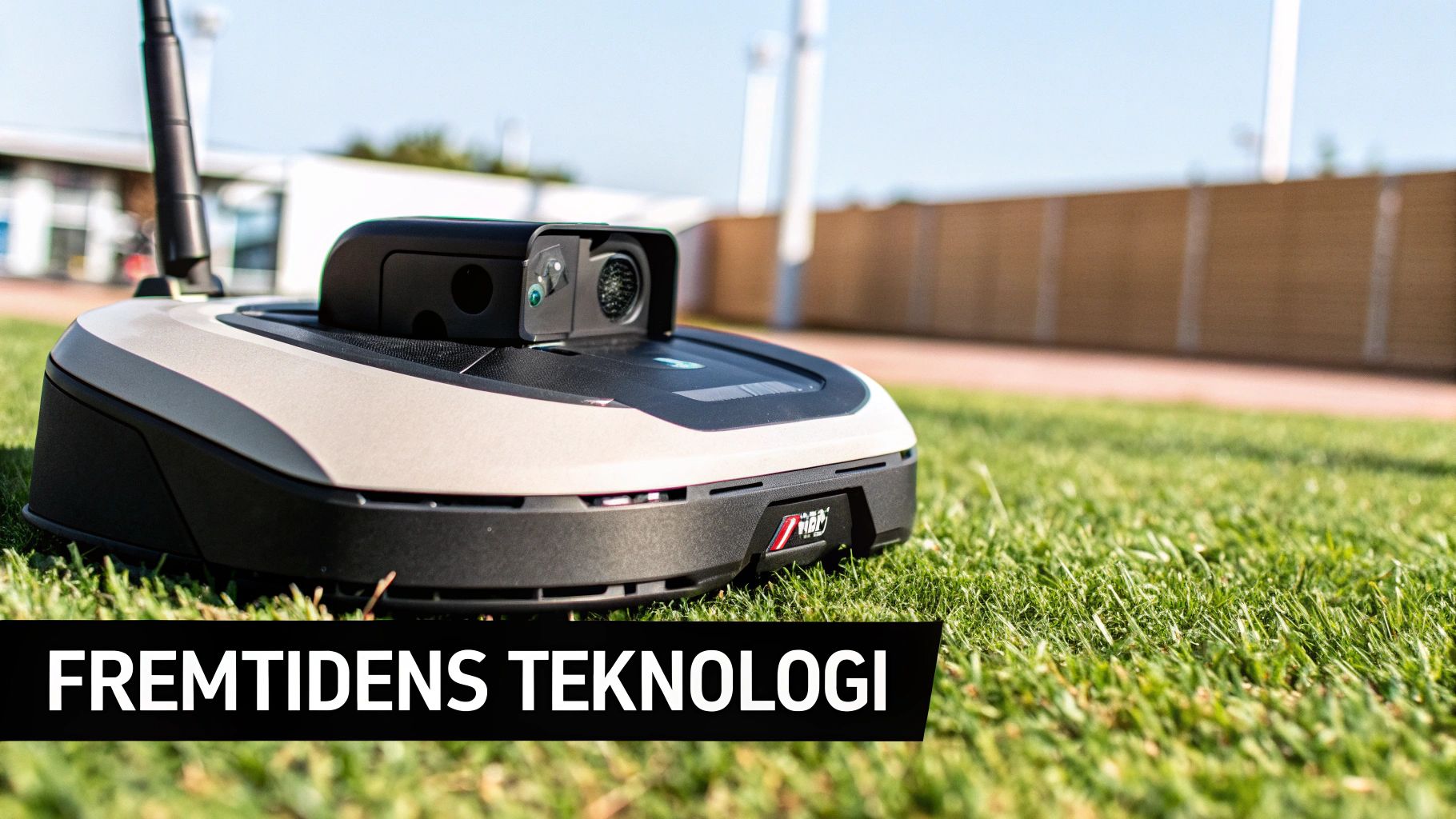 En robotgressklipper med kamera og antenne står på en grønn plen under åpen himmel.