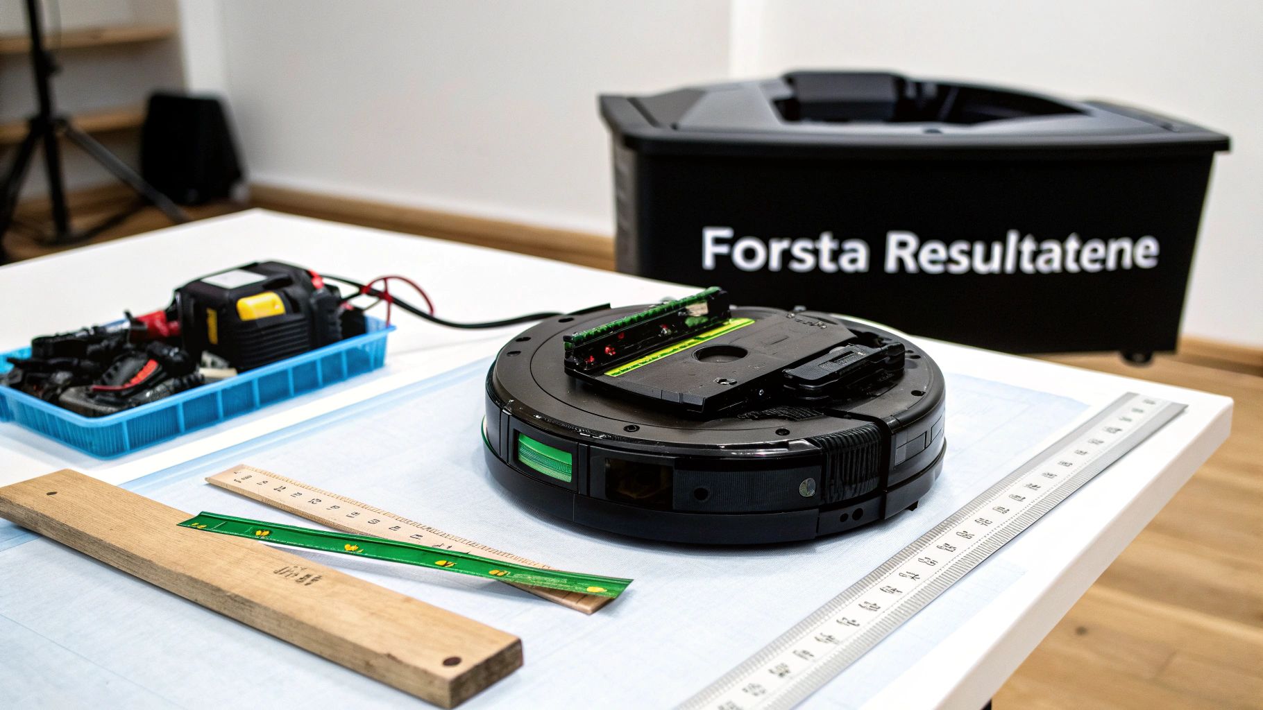 En robotstøvsuger under testing med måleverktøy og tilbehør på en hvit bordplate.