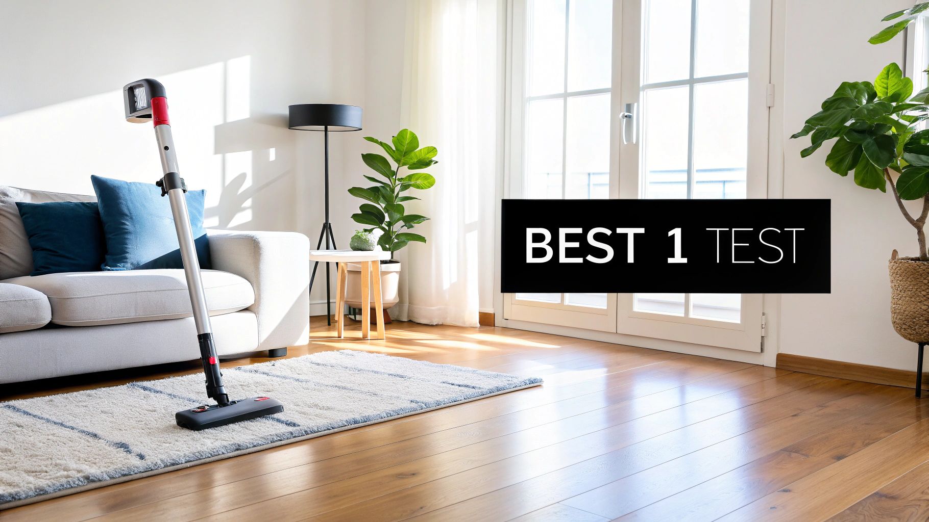 Trådløs støvsuger plassert på et teppe i et moderne, lyst stuemiljø med sofa og grønne planter.