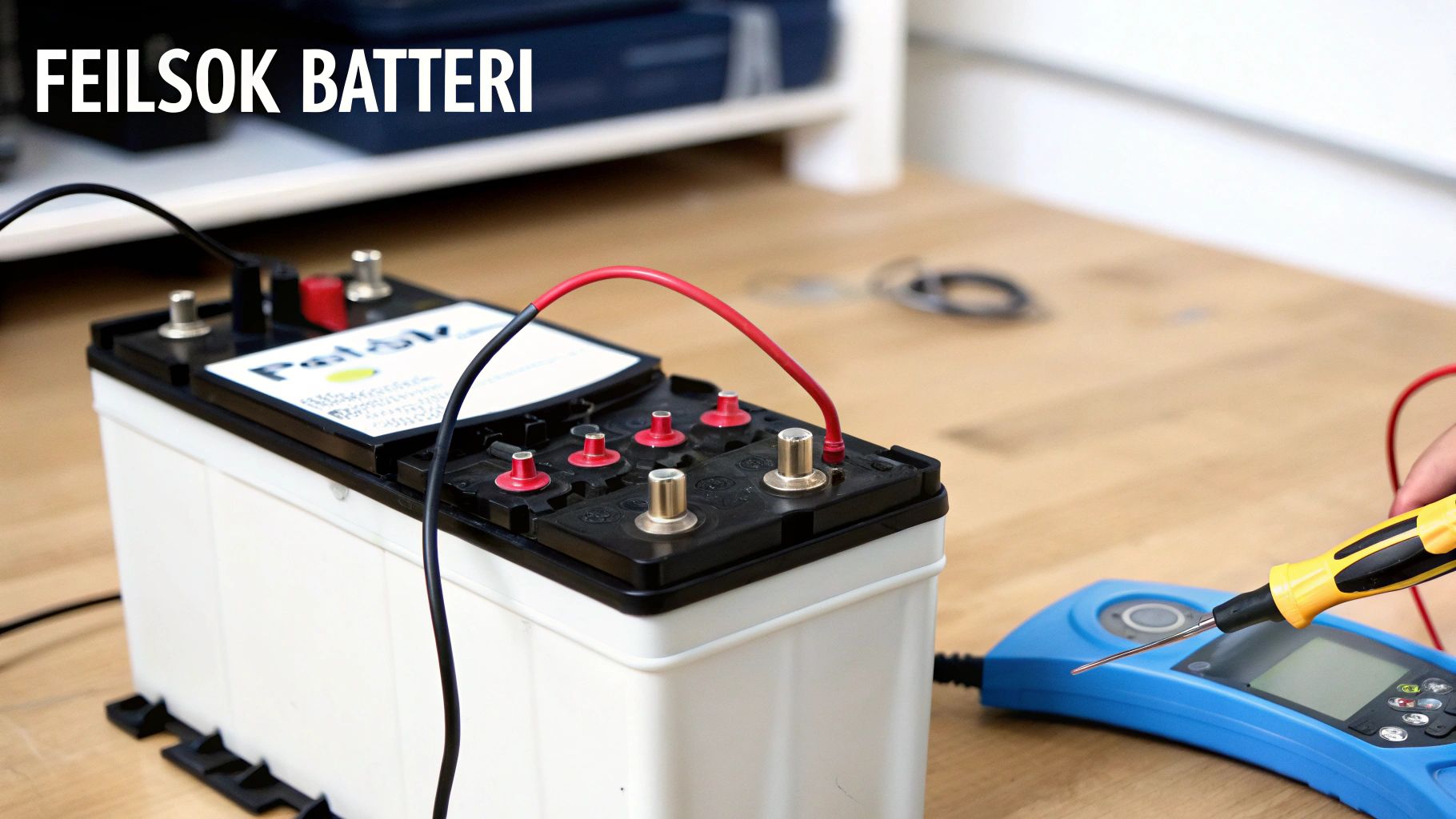 En hvit batteripakke er koblet til et blått diagnoseverktøy med røde og svarte ledninger på et tregulv. Teksten 'FEILSOK BATTERI' er synlig.