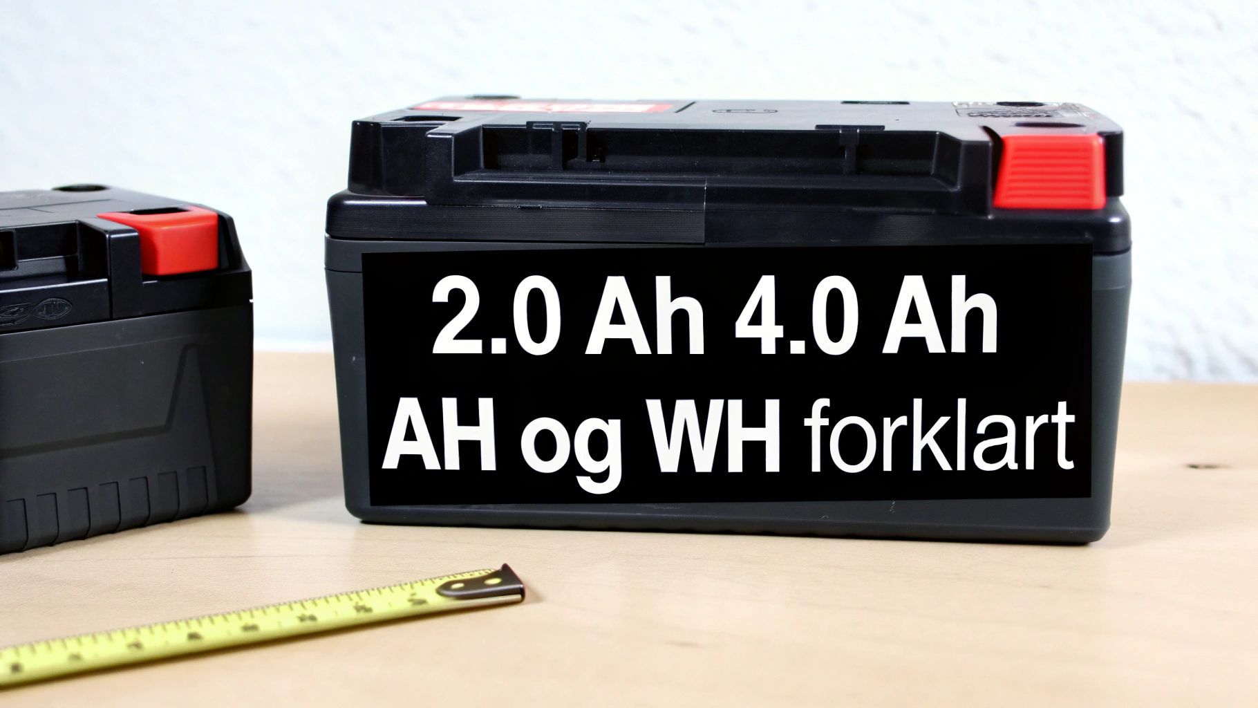 Nærbilde av to sorte batterier, hvorav ett viser hvit tekst om 2.0 Ah, 4.0 Ah, AH og WH forklart. Et målebånd ligger foran.