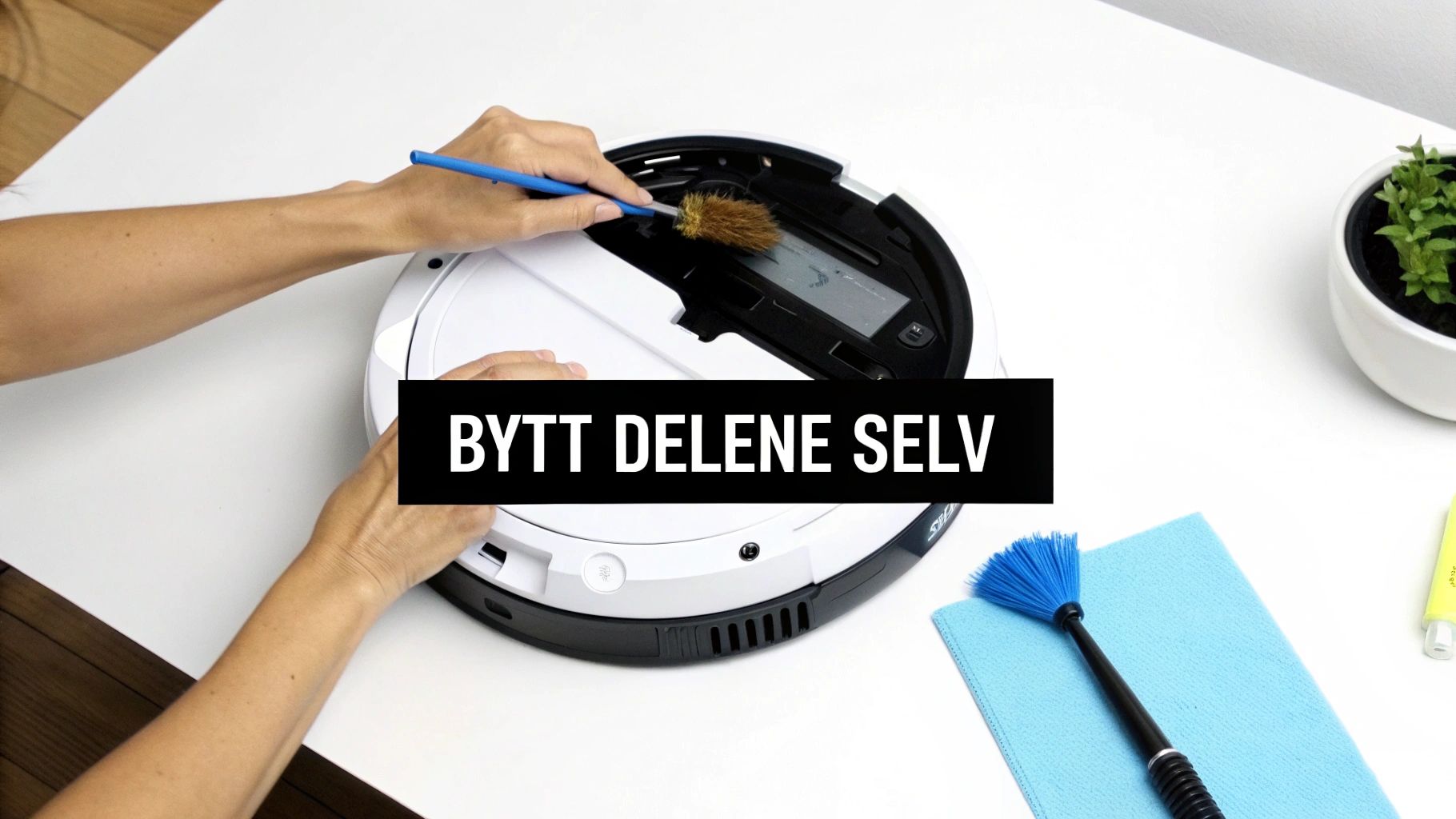 En person rengjør en robotstøvsuger med en liten børste. Teksten 'BYTT DELENE SELV' er synlig.