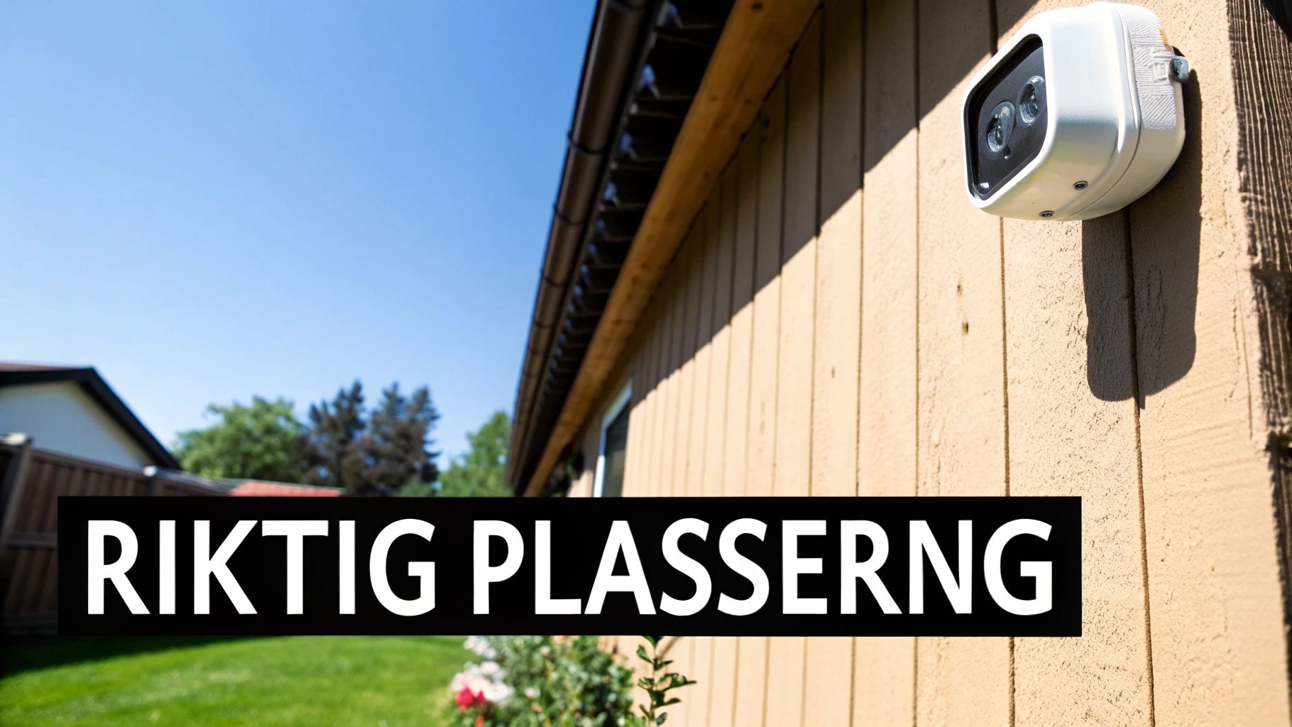Et hvitt sikkerhetskamera montert på en lysebrun trevegg under en klar blå himmel, med teksten «Riktig Plassering».