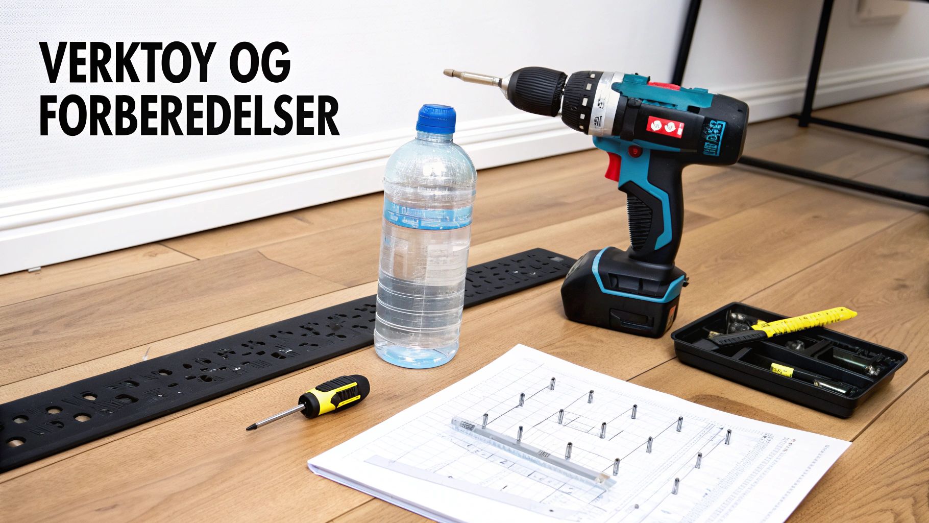 Verktøy og forberedelser til montering. Bildet viser en drill, vannflaske, skrutrekker, tegning og smådeler på et tregulv.