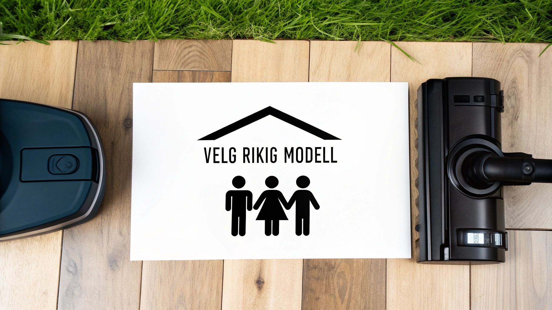 Et ark med teksten 'VELG RIKIG MODELL' og familieikoner, mellom to støvsugerdeler på et tregulv.