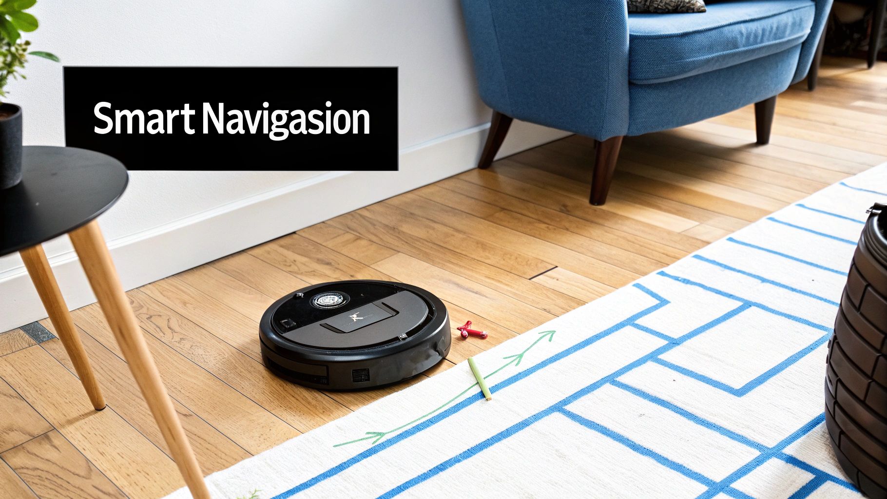 En svart robotstøvsuger på tregulv ved et teppe, demonstrerer smart navigasjon i en stue.