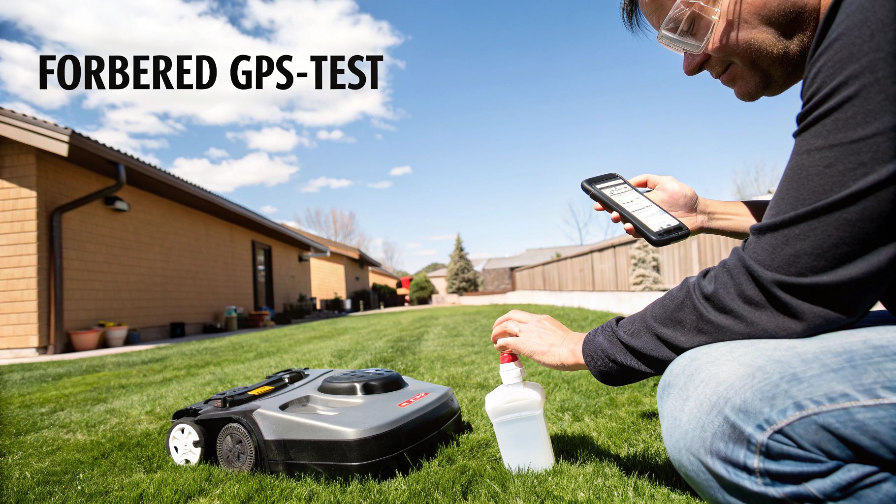En mann med vernebriller og smarttelefon tester en robotgressklipper på en grønn plen under åpen himmel.