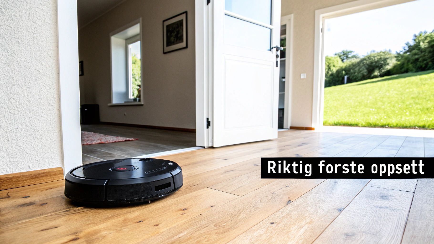 Svart robotstøvsuger på lyse tregulv i et moderne hjem, med åpen dør til en grønn plen.