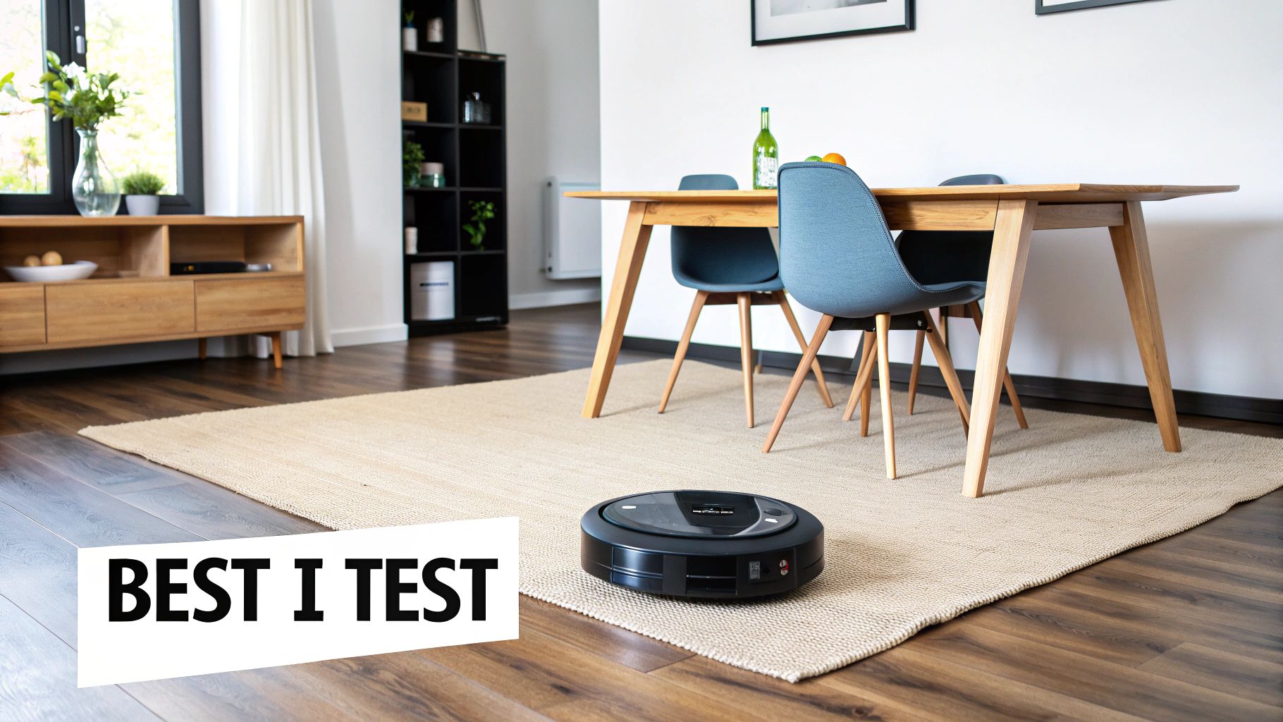 En robotstøvsuger på et lyst teppe i et moderne hjem med spisebord og tremøbler.