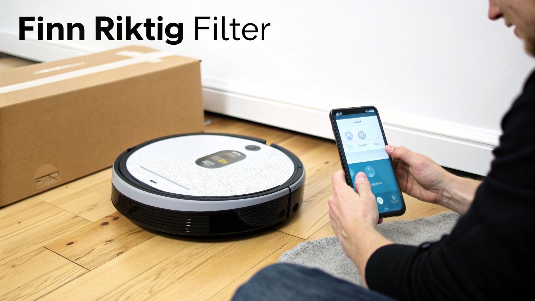 En person bruker en smarttelefon for å styre en robotstøvsuger på et tregulv, med en pappeske i bakgrunnen.