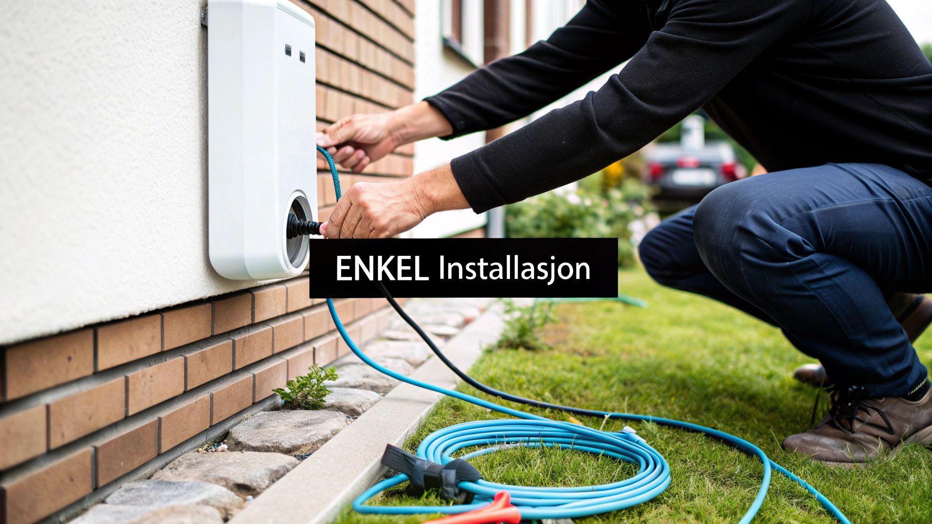 En mann installerer en hvit elbillader på en husvegg med en blå kabel på gresset.