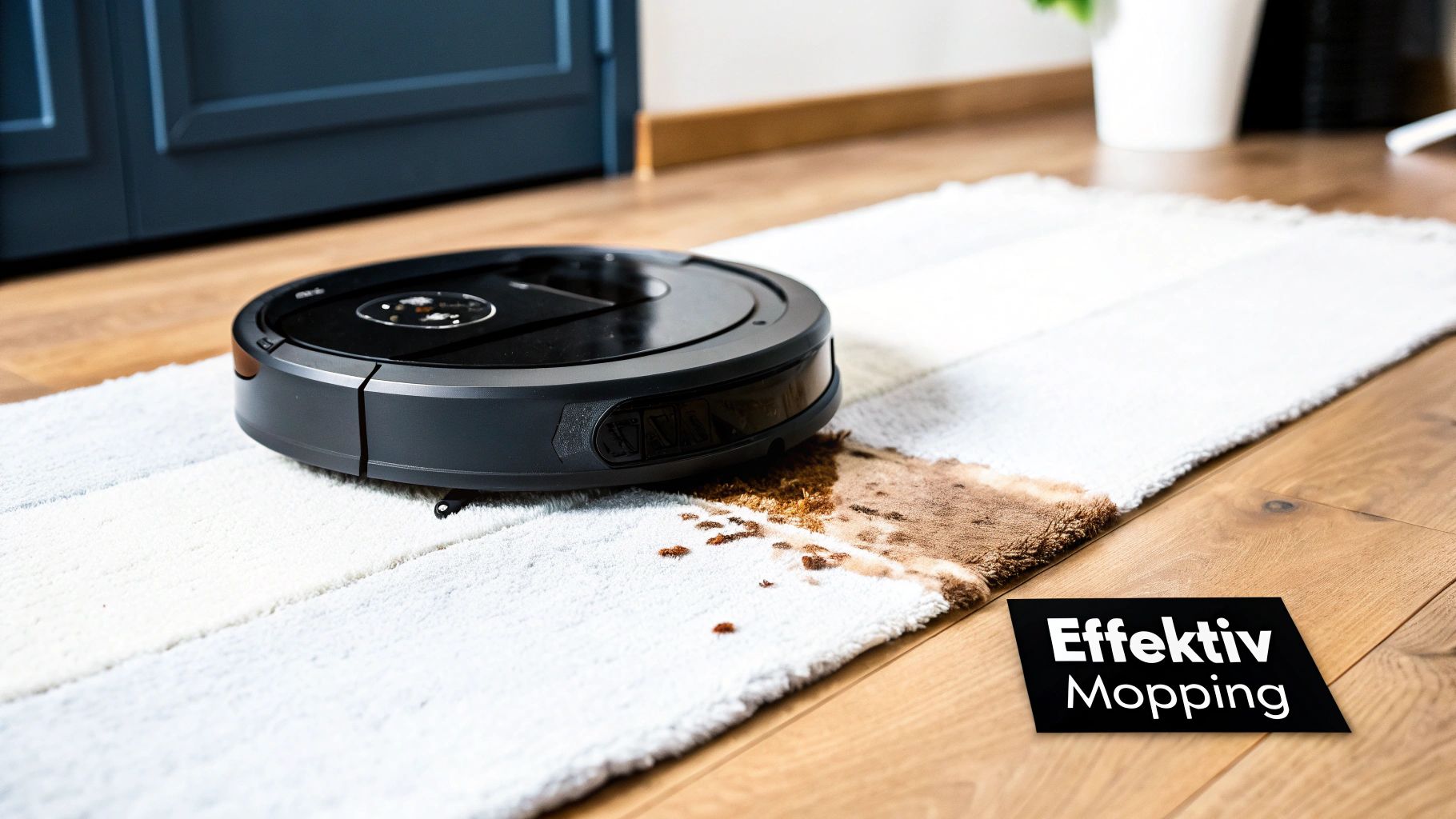 En svart robotstøvsuger står på et teppe med søl, demonstrerer effektiv mopping for rengjøring.