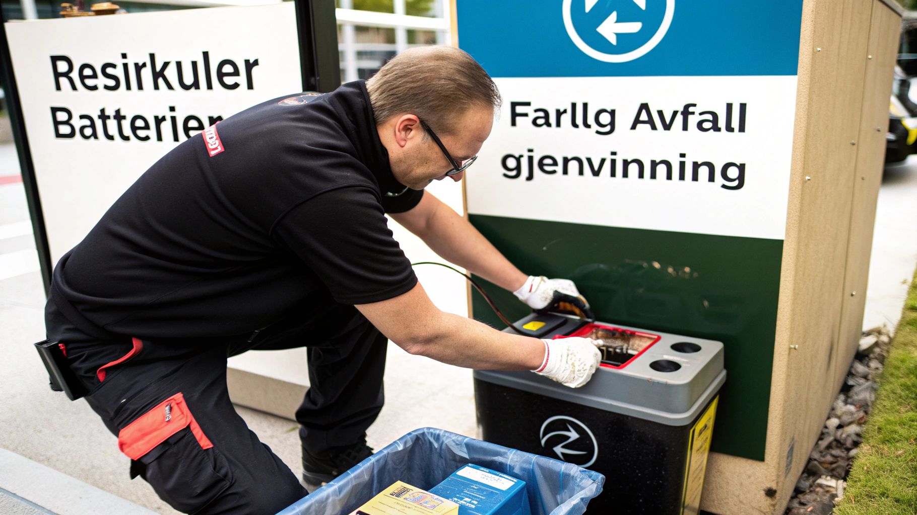En mann i arbeidsuniform med hansker bøyer seg for å sortere batterier i en gjenvinningsstasjon for farlig avfall.