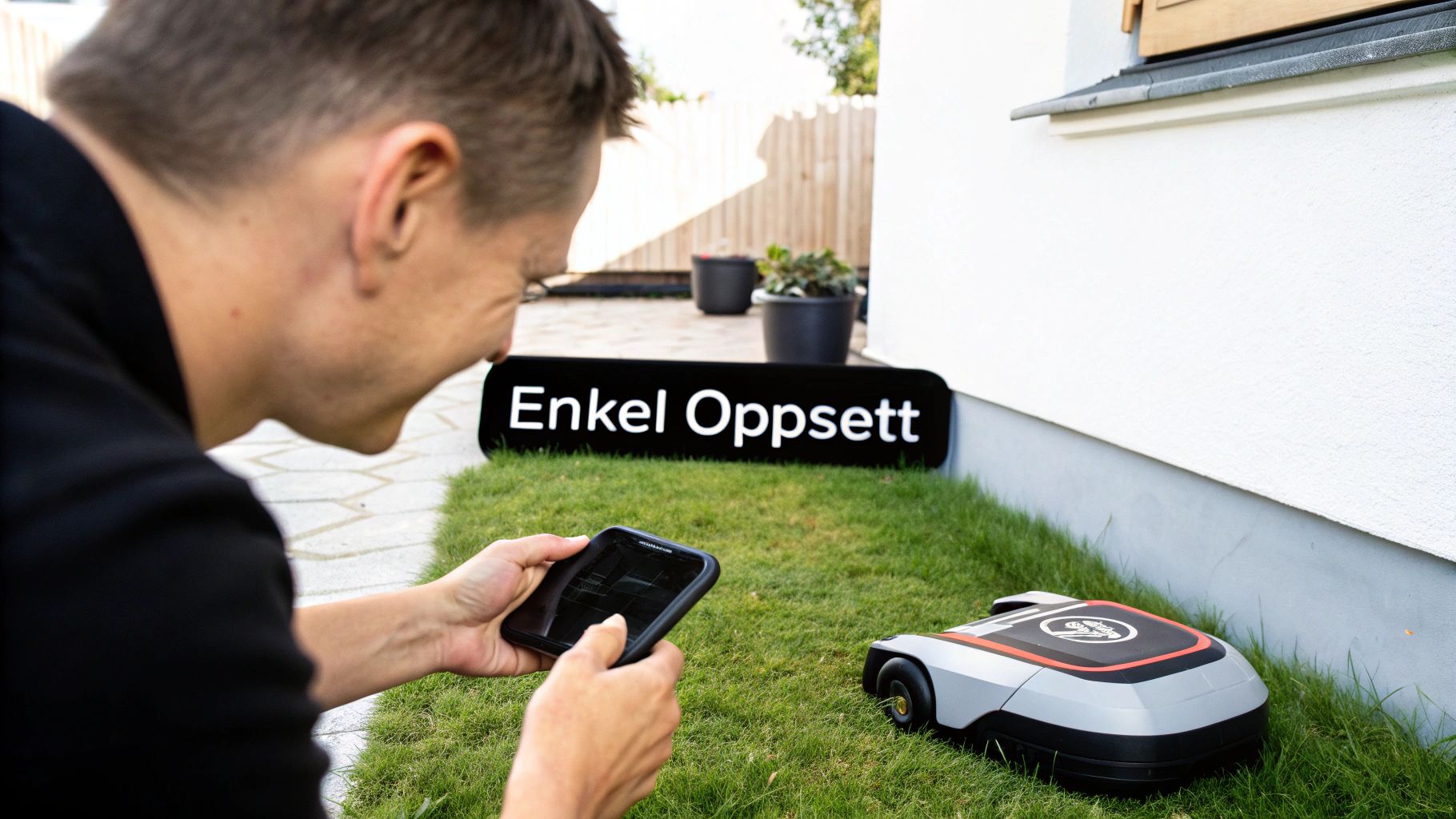 En mann bruker en smarttelefon for å betjene en robotgressklipper på gresset, ved et skilt som sier 'Enkel Oppsett'.