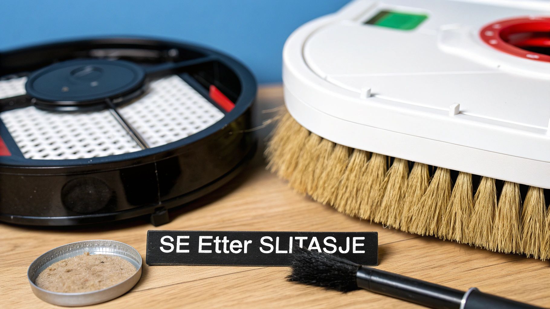 Tilbehør til robotstøvsuger, inkludert filter, børste og rengjøringsverktøy, med fokus på slitasje.