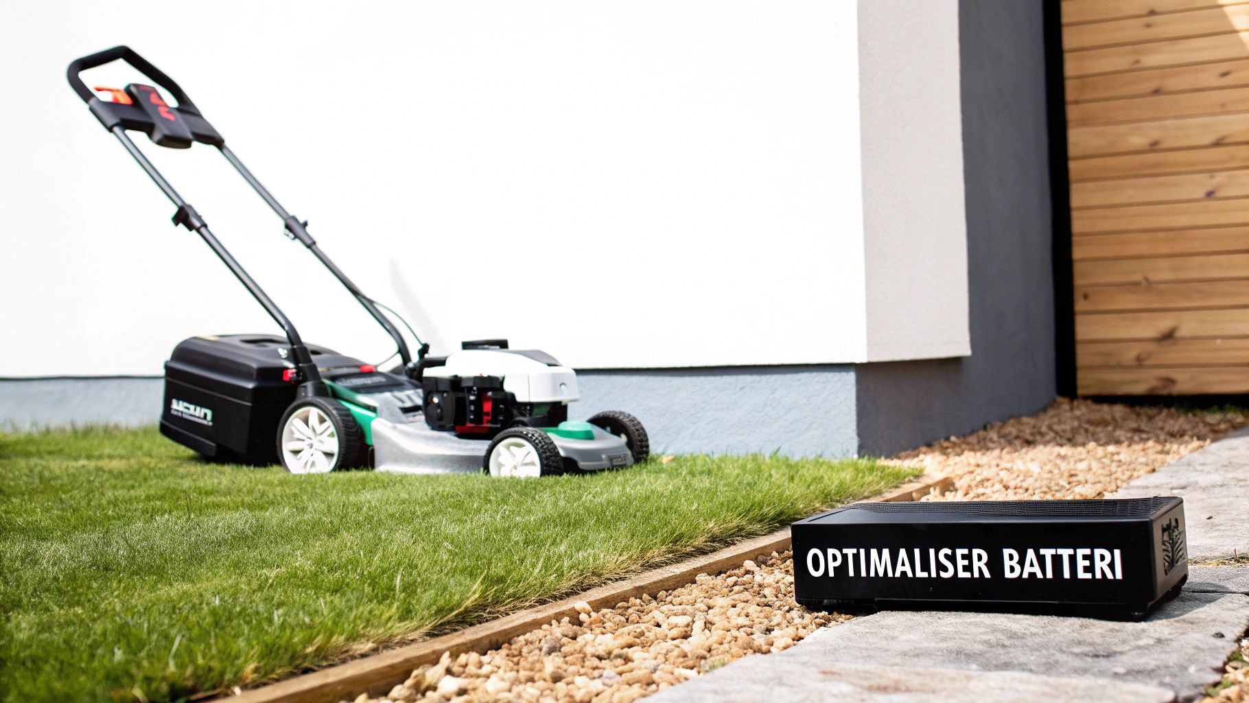 En gressklipper står på grønt gress ved et hus, med en batterioptimalisator på stien.
