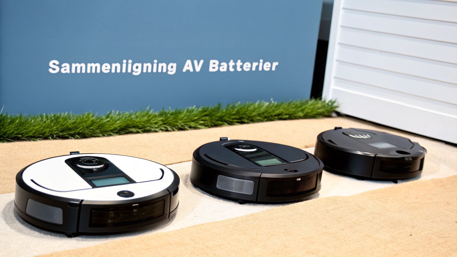 Tre robotstøvsugere på et teppe foran en blå plakat med teksten 'Sammenligning AV Batterier'.