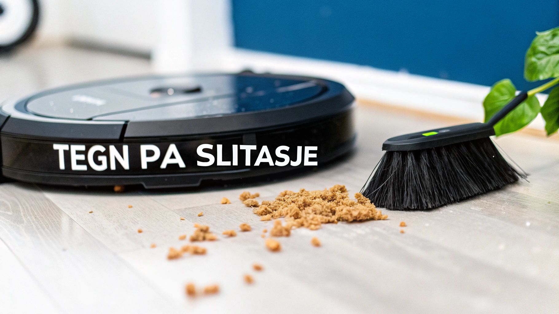 En robotstøvsuger og en feiekost ved en haug med smuss på et tregulv. Teksten sier 'TEGN PA SLITASJE'.